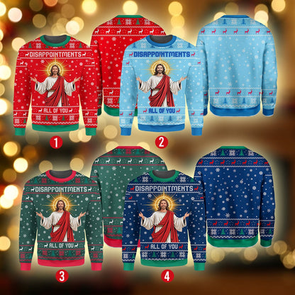 Close up of the Jesus design on the green faith humor ugly sweater