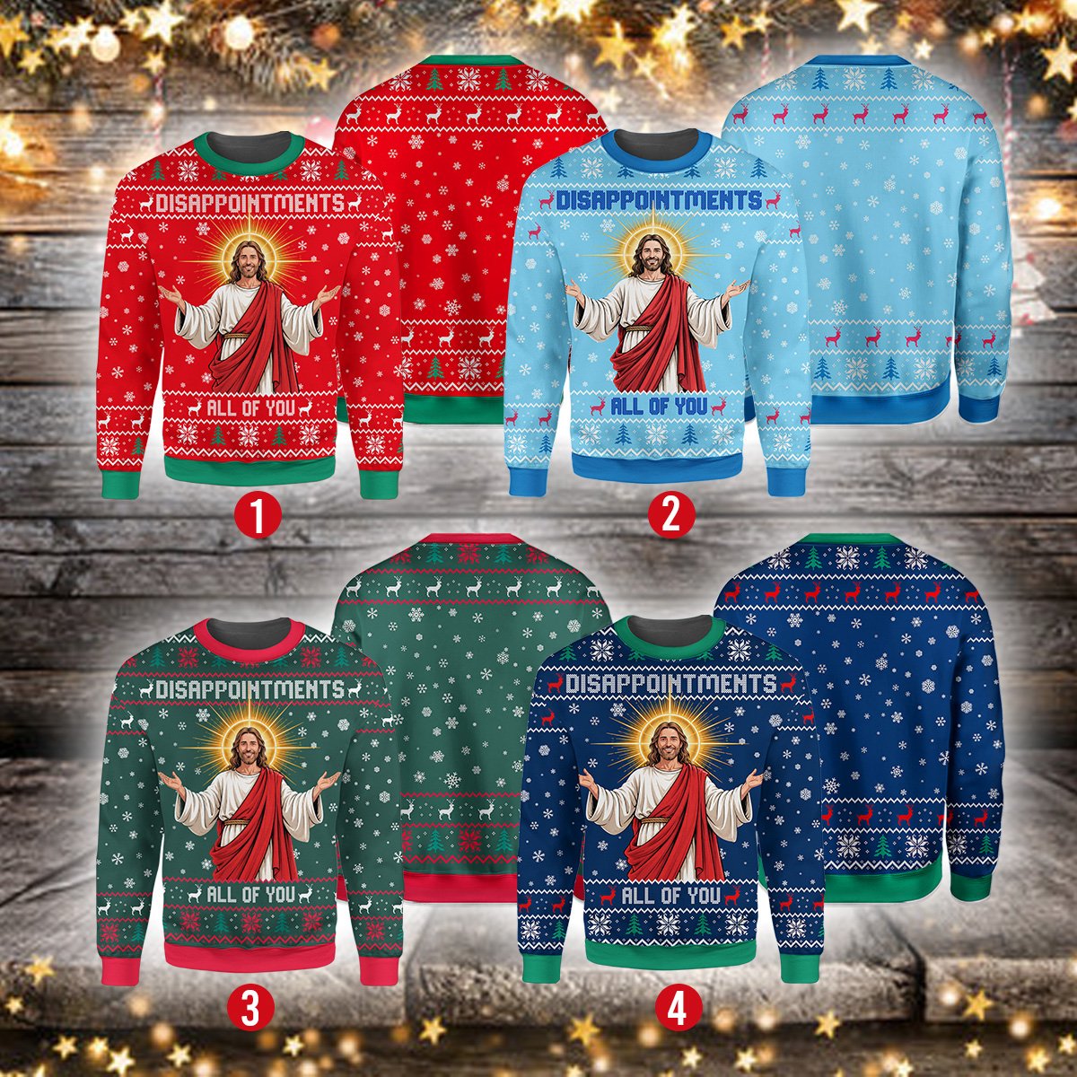 Detailed view of the snowflakes and reindeer on the green sweater