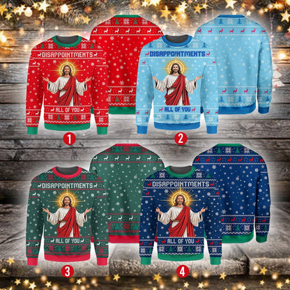 Detailed view of the snowflakes and reindeer on the green sweater