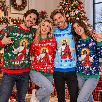 Faith humor ugly sweater in green, alternative front view