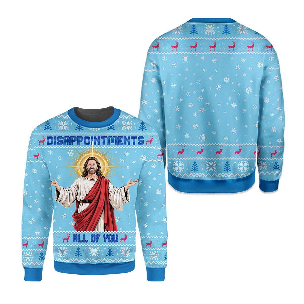 Faith humor ugly sweater in multicolor pattern, main front view