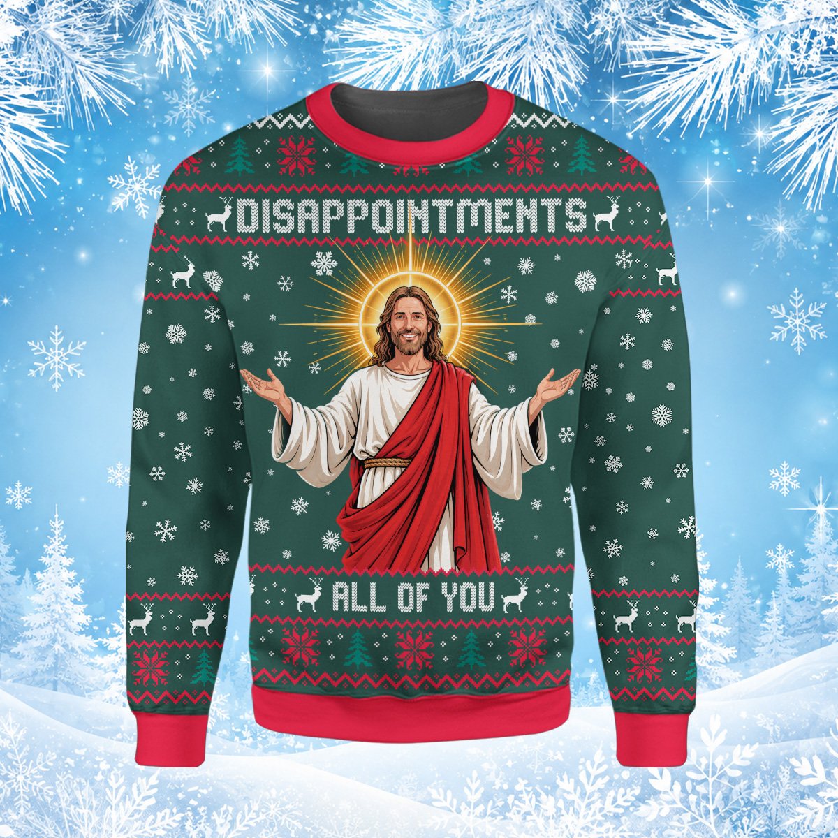Lifestyle image of an adult wearing the multicolor faith humor ugly sweater
