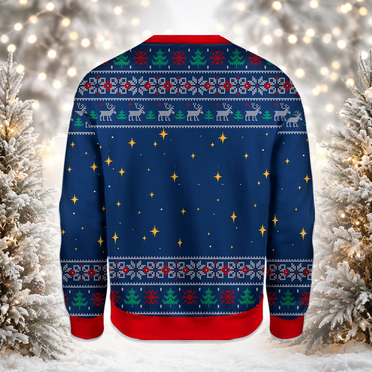 Detailed back view of the christmas ugly sweater showing festive patterns