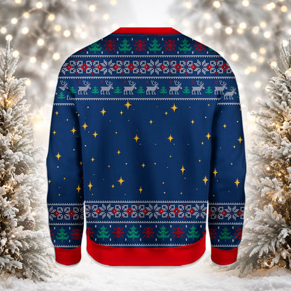 Detailed back view of the christmas ugly sweater showing festive patterns