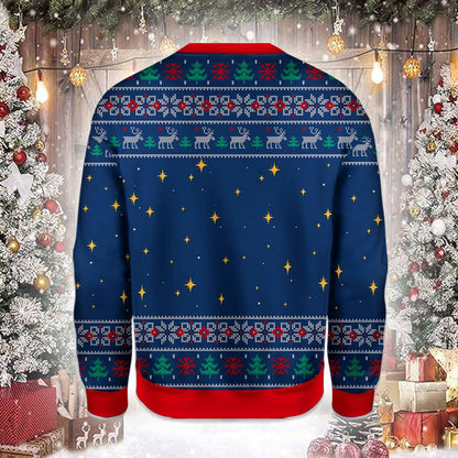 Back view of the navy holiday ugly sweater