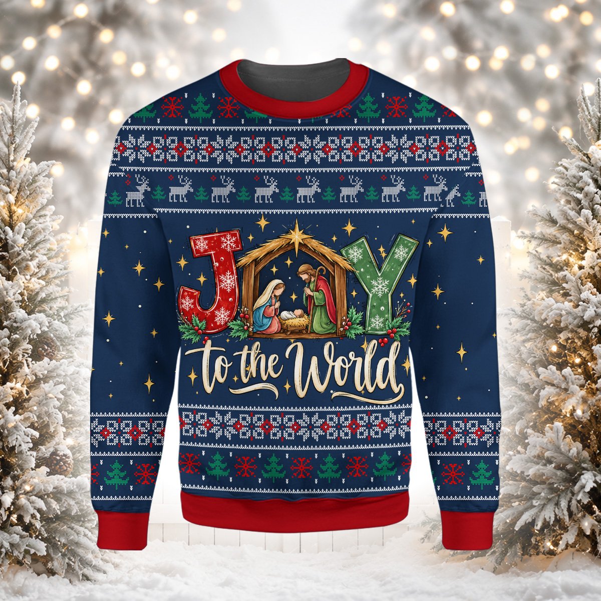 Detailed front view of the Joy to the World christmas ugly sweater