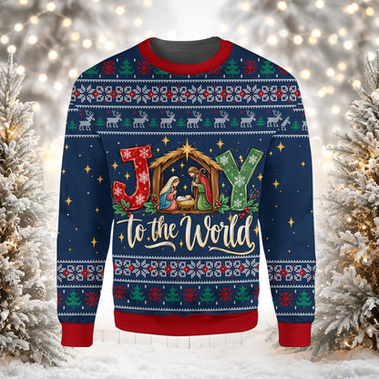 Detailed front view of the Joy to the World christmas ugly sweater