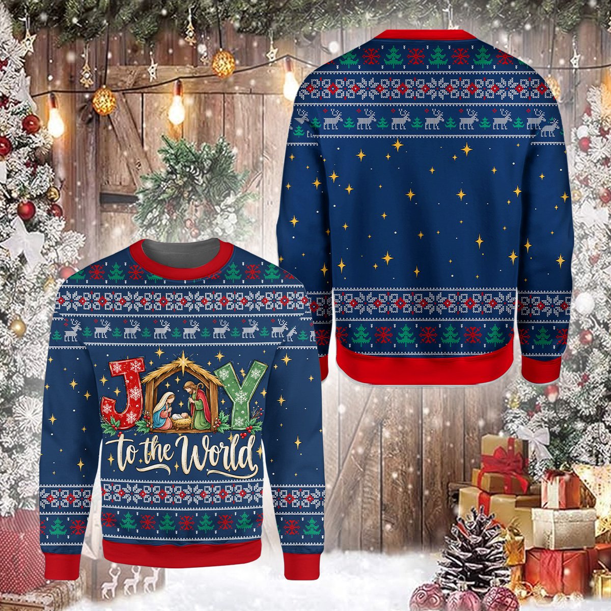 Close up front view showing fair isle pattern on the navy ugly sweater