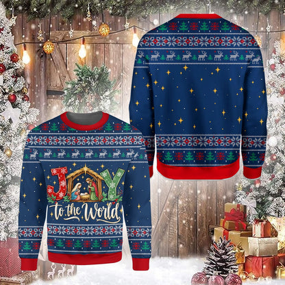 Close up front view showing fair isle pattern on the navy ugly sweater