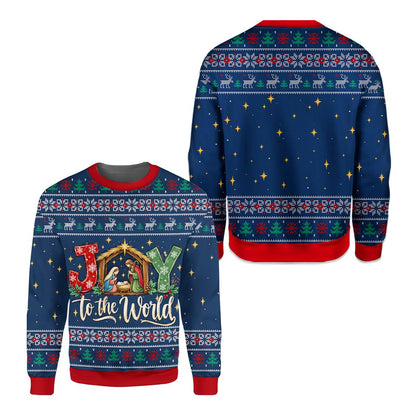 Another front view of the faith ugly sweater with reindeer and trees