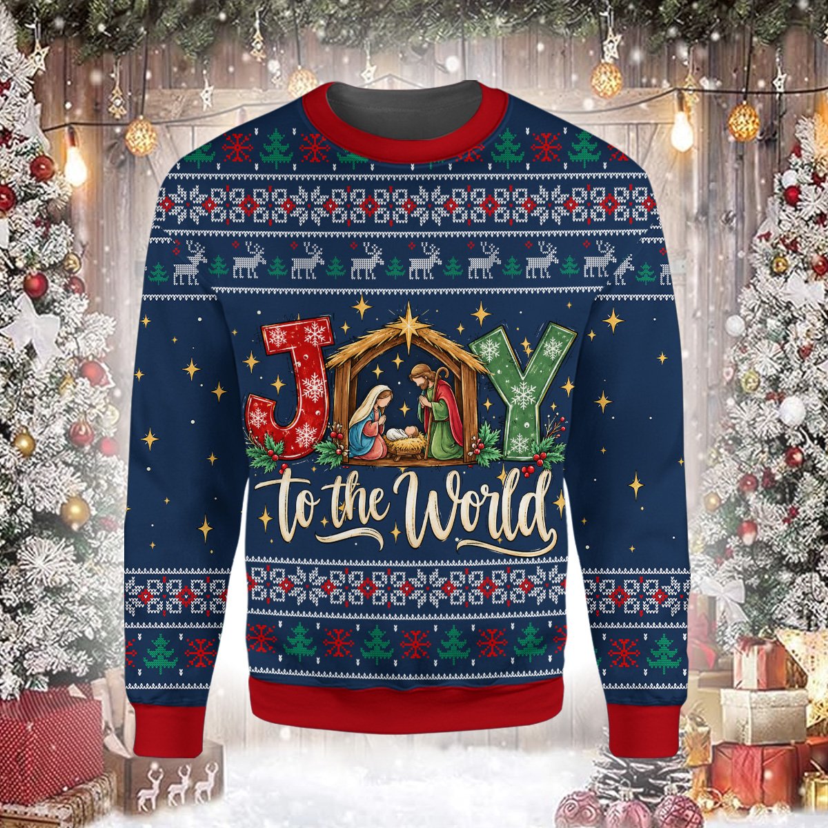 Front view of the holiday ugly sweater with nativity design