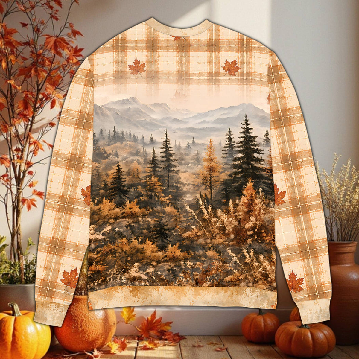 Back view of the fall ghost ugly sweater showing plaid accents and an autumn landscape