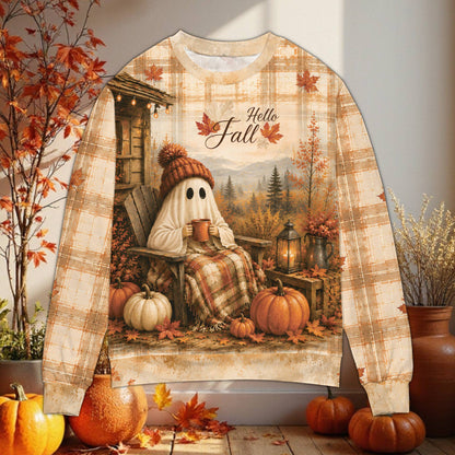Ghost ugly christmas sweater style fall apparel featuring a cute ghost and pumpkins on the front