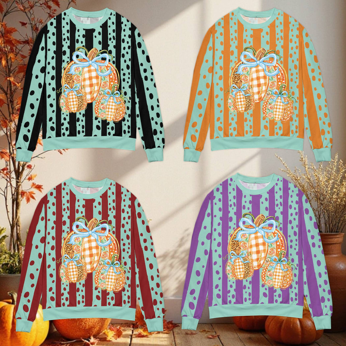 Multicolor front view of the ugly fall sweater with decorated pumpkins