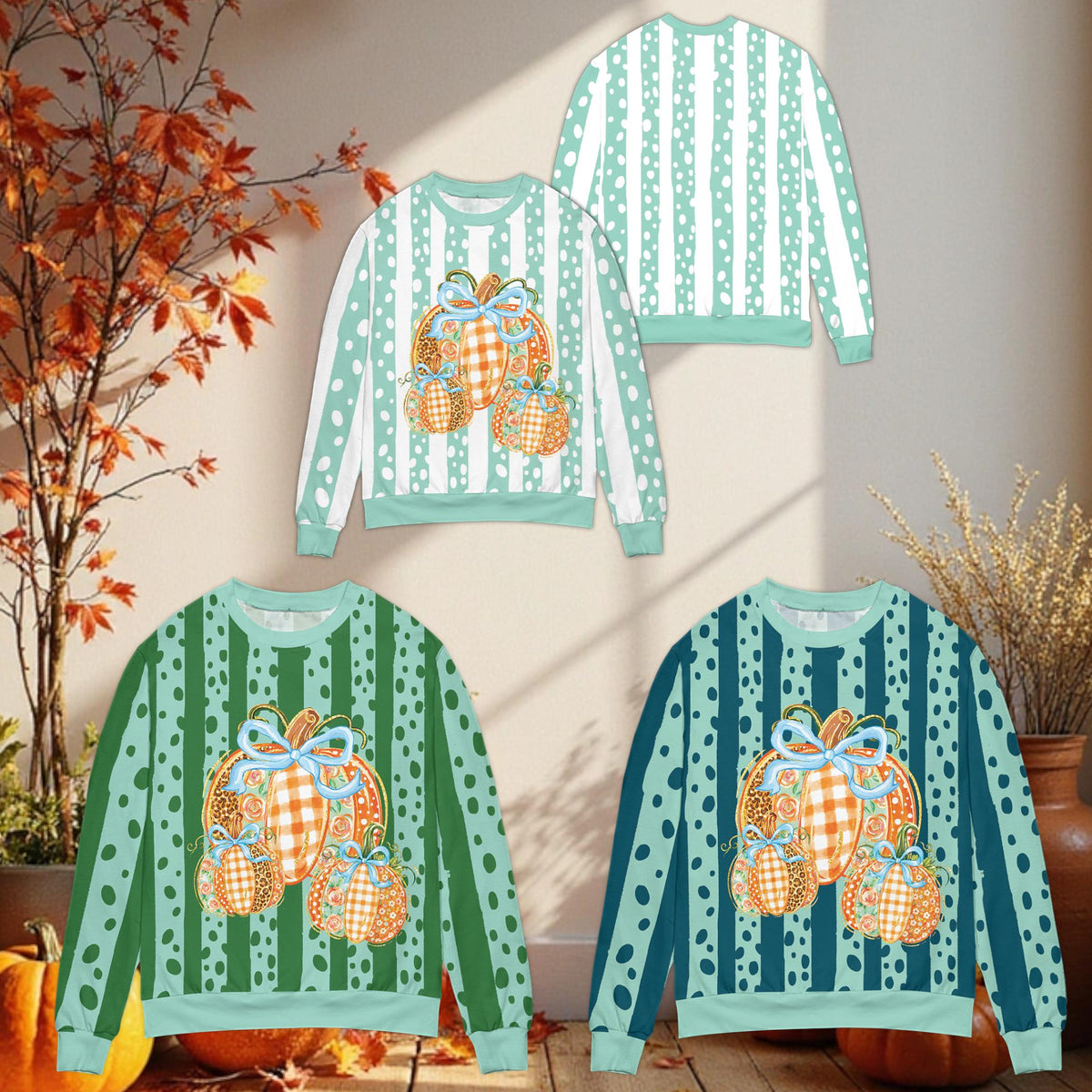 Alternative front view of the striped halloween ugly sweater