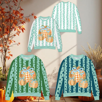 Alternative front view of the striped halloween ugly sweater