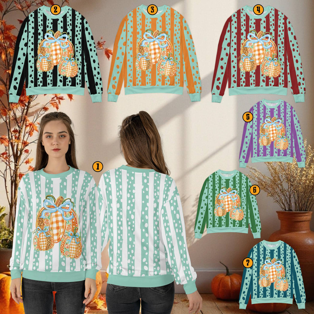 Lifestyle view of an adult wearing the pumpkin pattern ugly sweater
