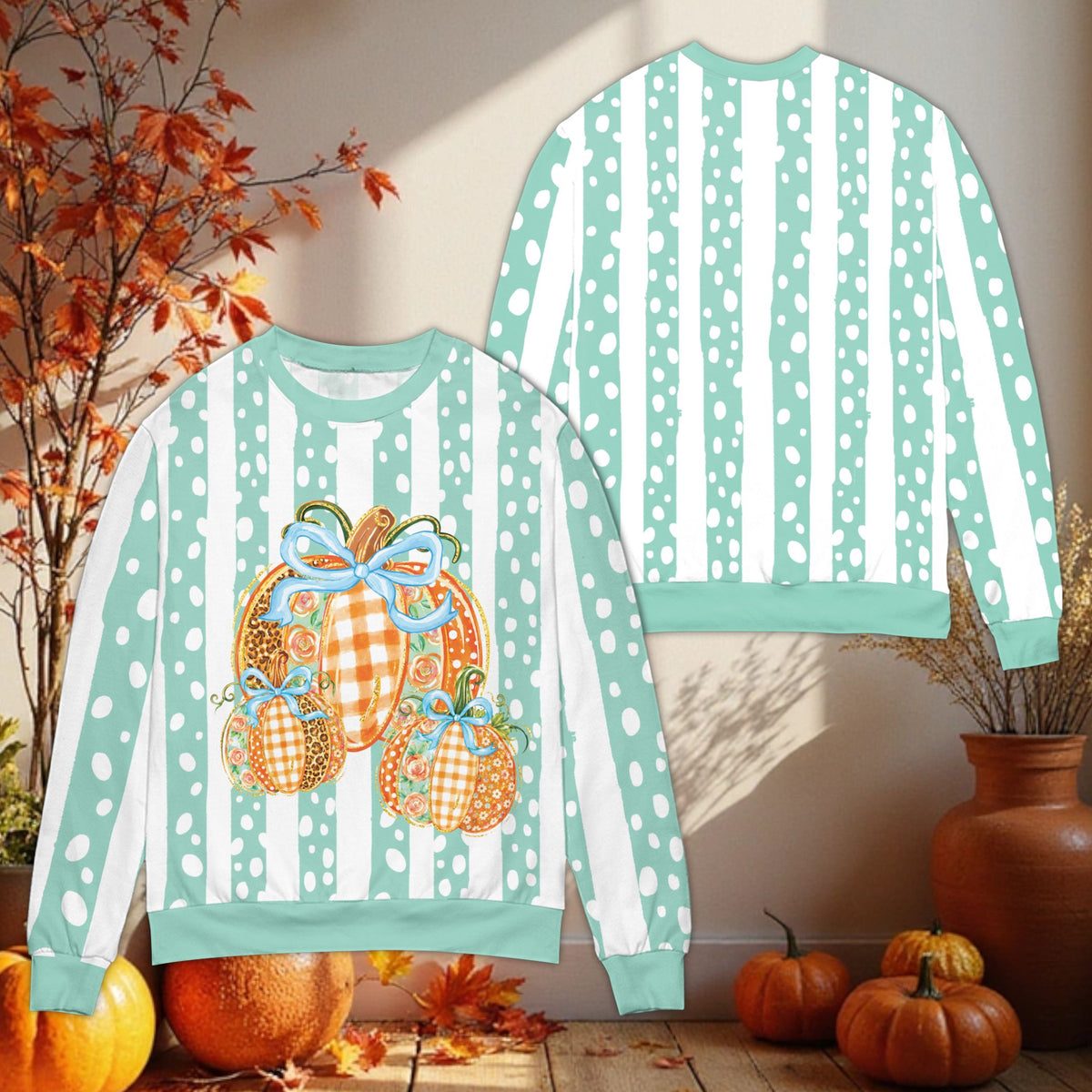 White front view of the pumpkins and bows fall/halloween ugly sweater