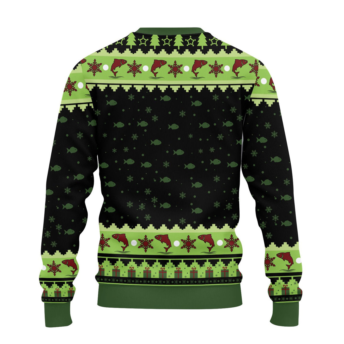 Back view of the ugly christmas fishing sweater showing the snowflake and fish pattern