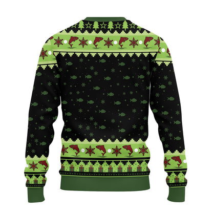 Back view of the ugly christmas fishing sweater showing the snowflake and fish pattern