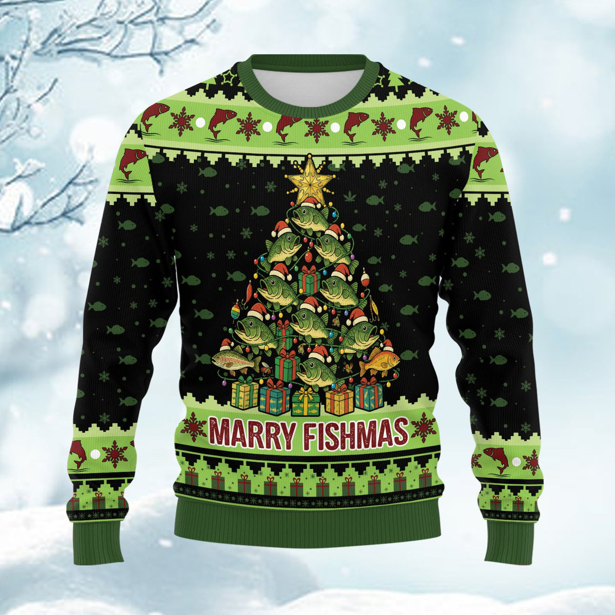 Another front view of the festive fishing ugly christmas sweater