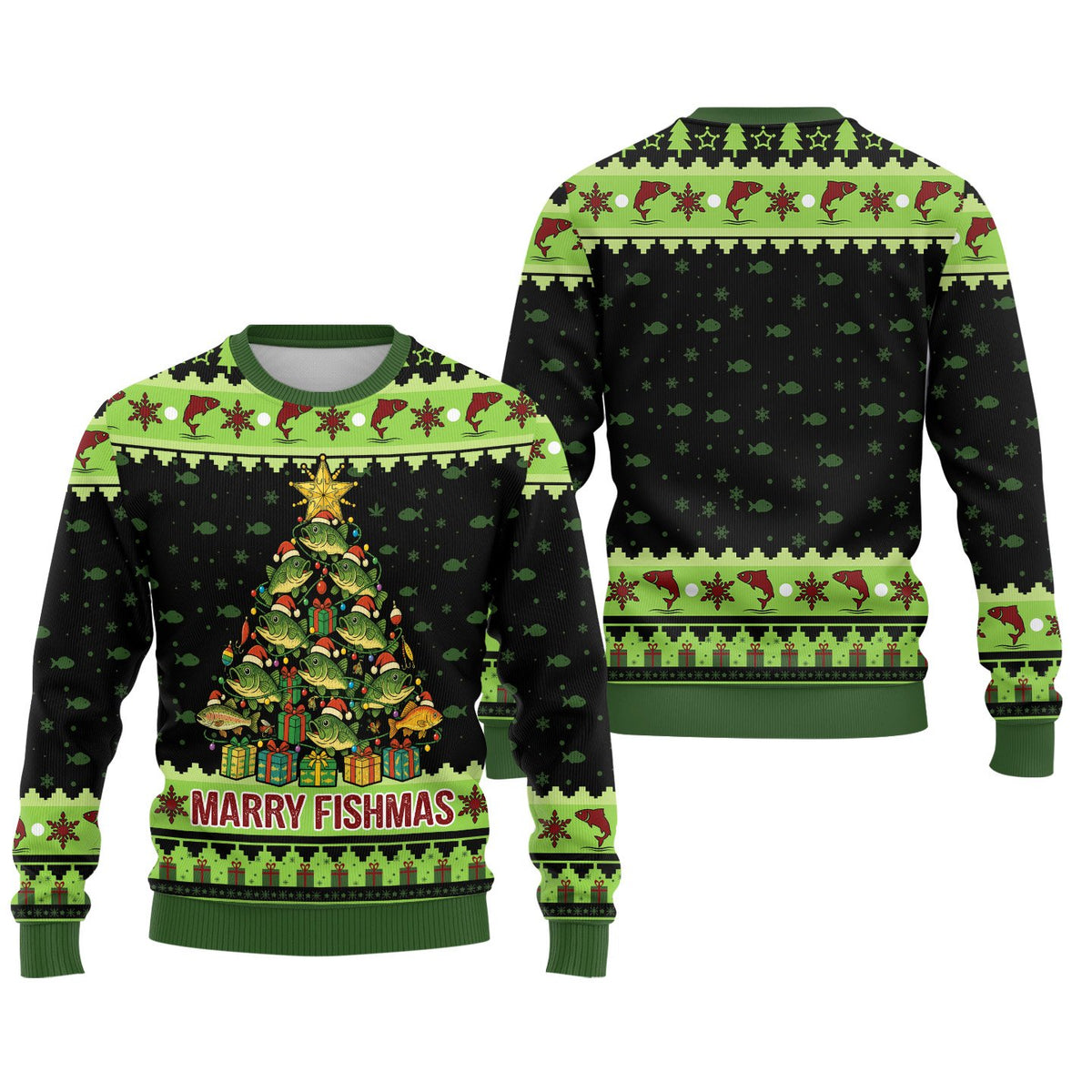 Front detail view of the Marry Fishmas ugly sweater with bobber ornaments