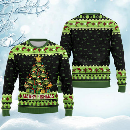 Close up front view of the ugly christmas fishing sweater design