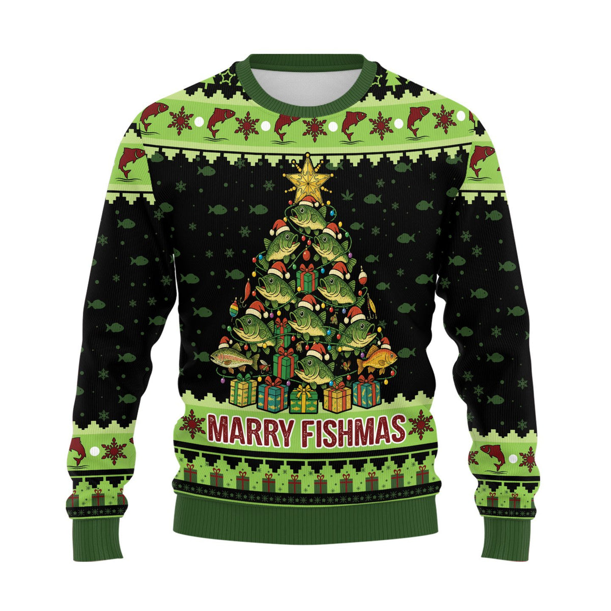 Main view of the ugly christmas fishing sweater with Marry Fishmas design on a black background