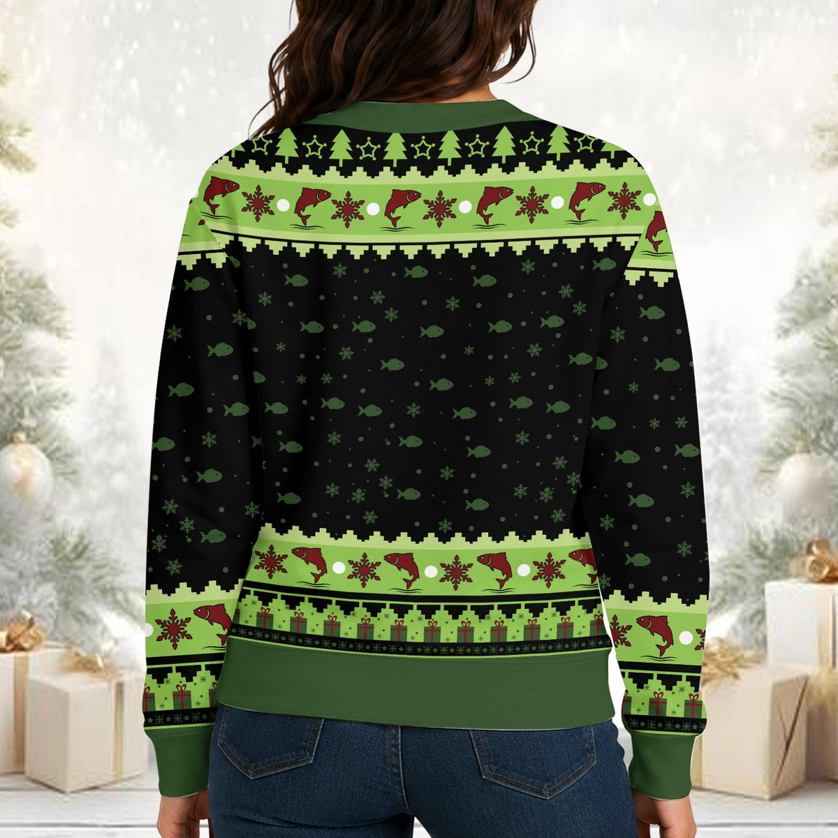 Another lifestyle view of the Marry Fishmas ugly sweater in a holiday setting
