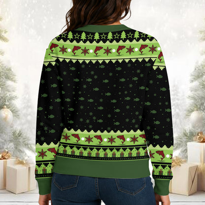 Another lifestyle view of the Marry Fishmas ugly sweater in a holiday setting