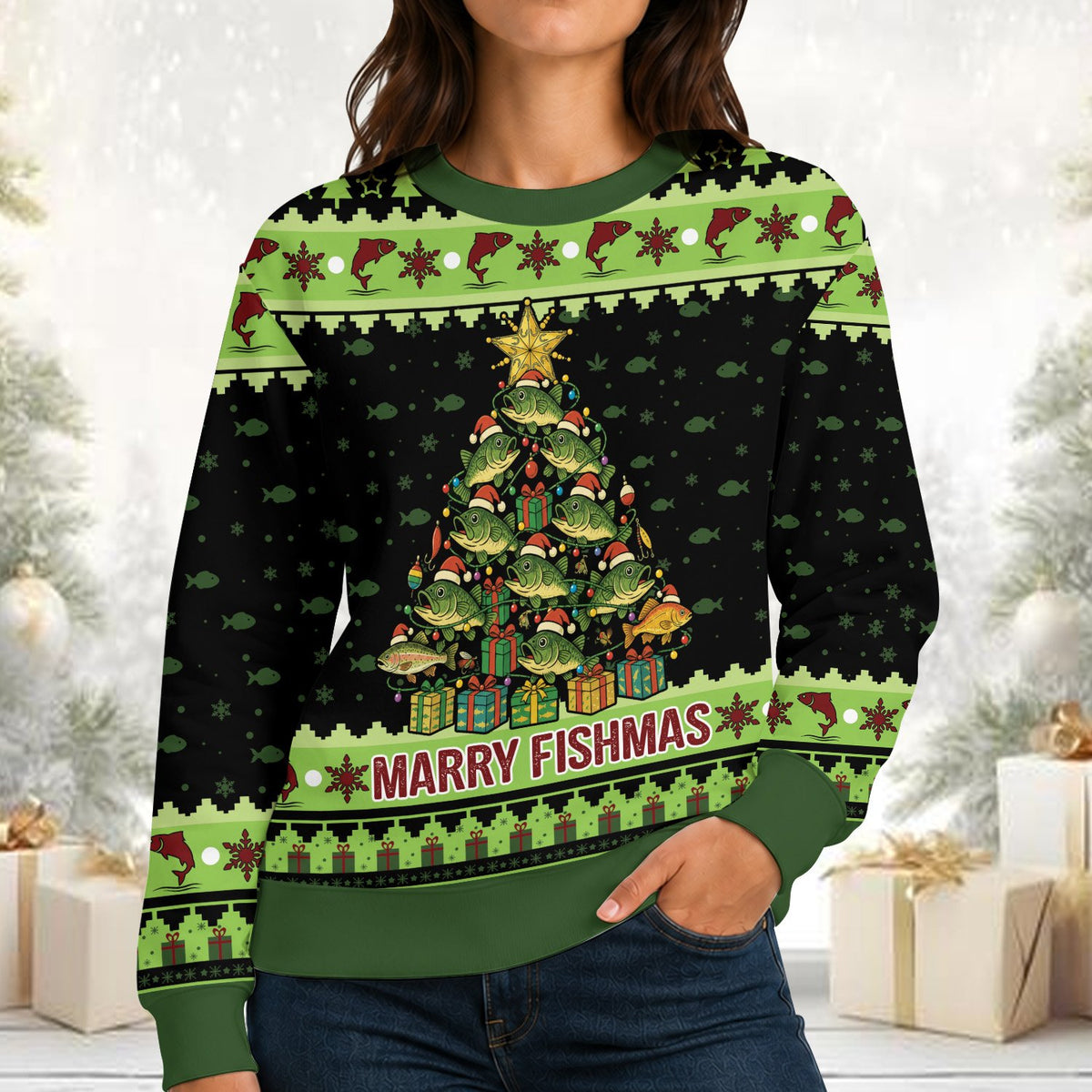 Lifestyle image of someone wearing the ugly christmas fishing sweater