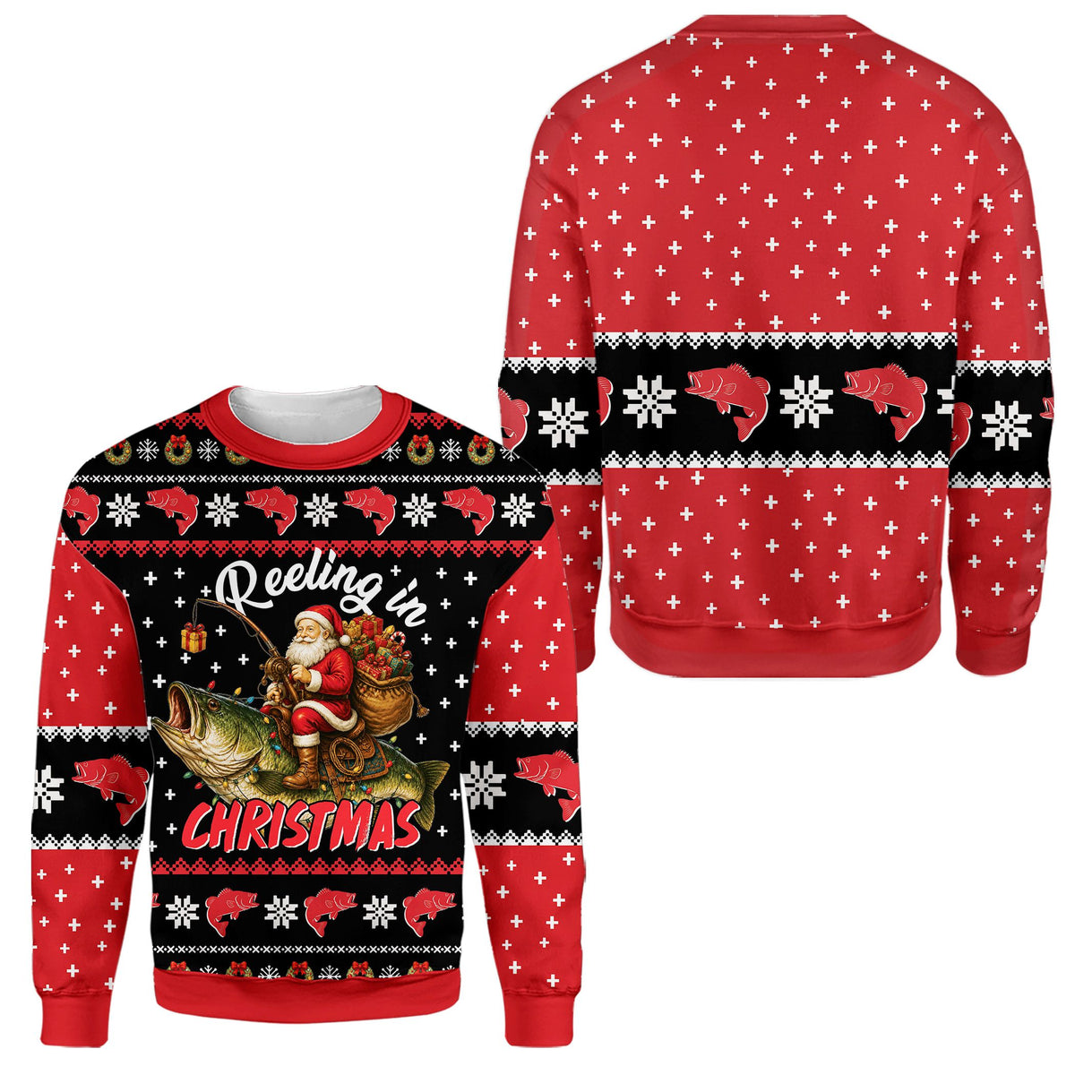 Back view of the holiday ugly sweater with pixelated pattern