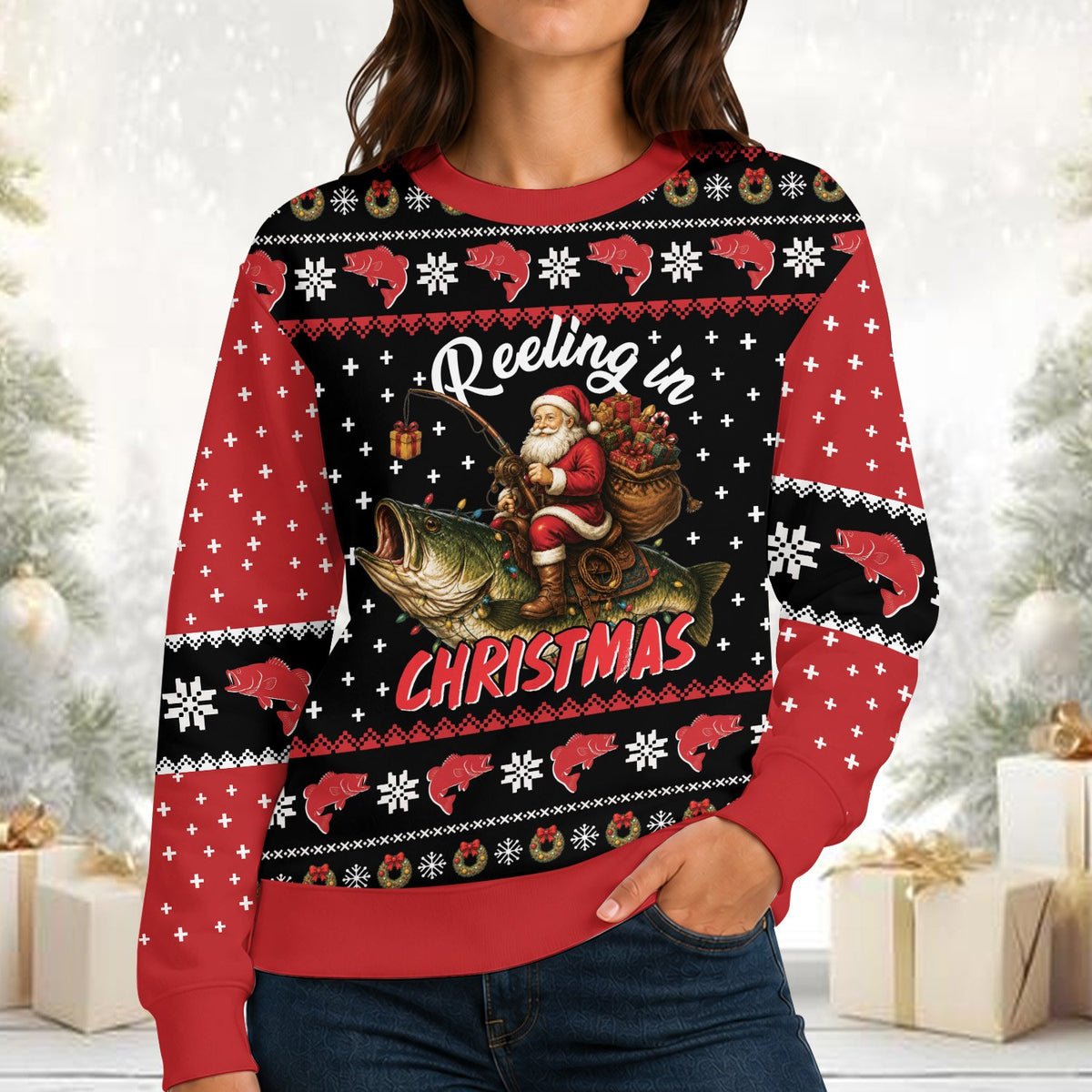 Fishing ugly christmas sweater featuring Santa riding a bass fish, front view