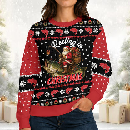 Fishing ugly christmas sweater featuring Santa riding a bass fish, front view