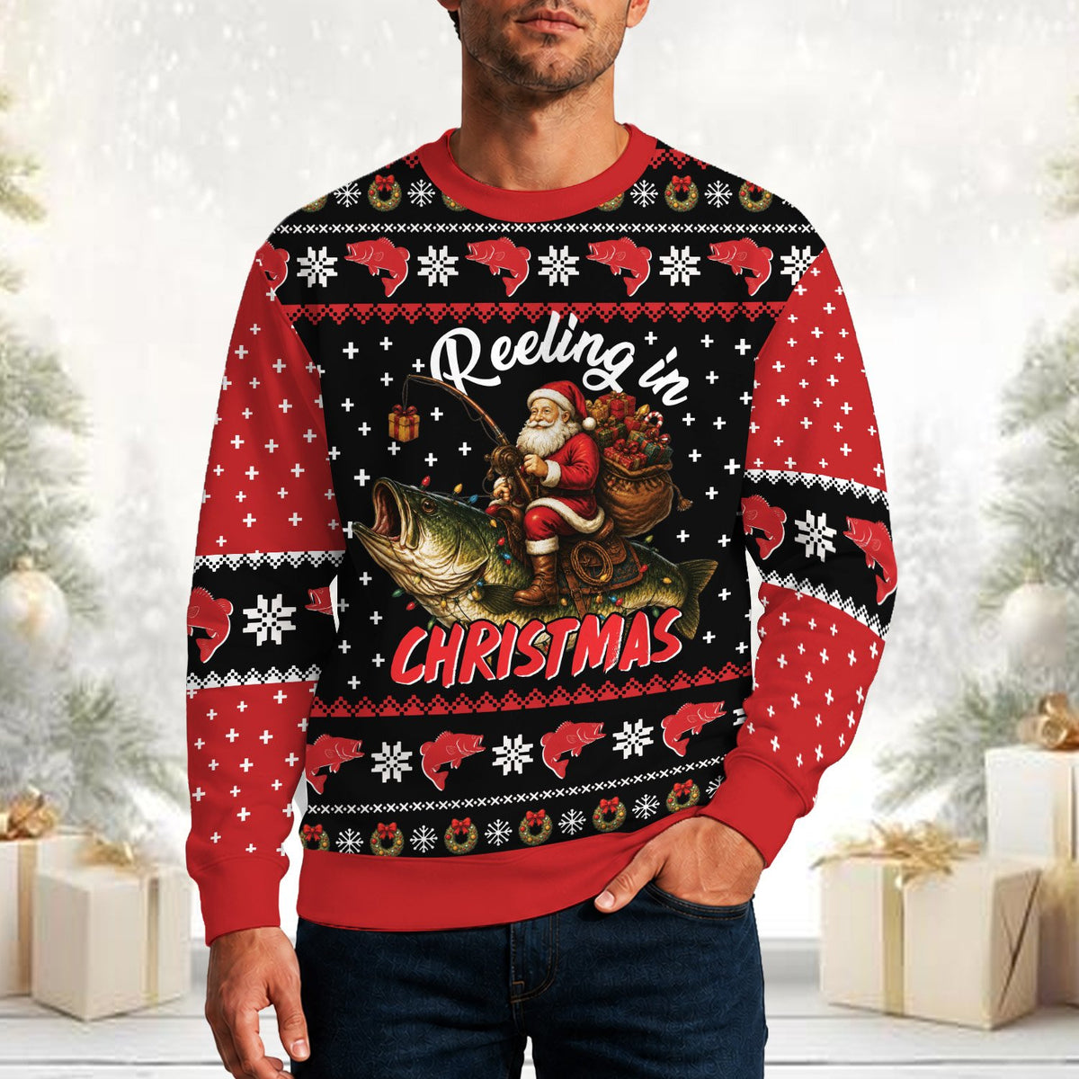 Another lifestyle view wearing the fishing ugly sweater
