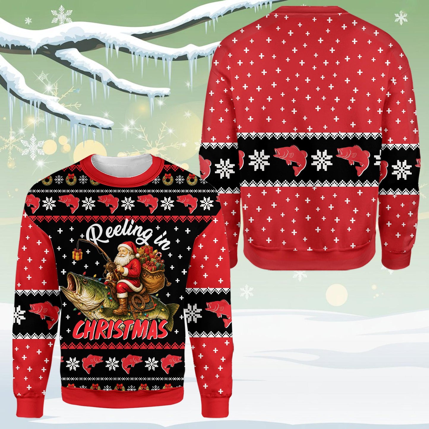 Lifestyle shot of the fishing ugly christmas sweater