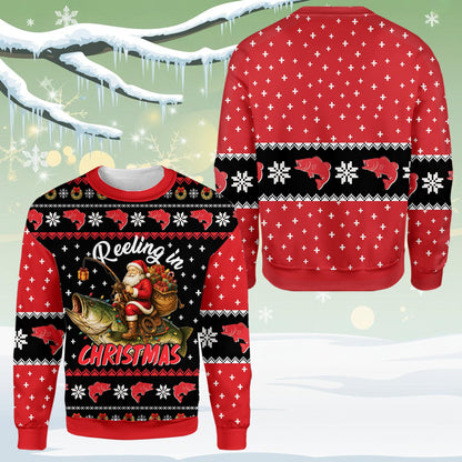 Lifestyle shot of the fishing ugly christmas sweater