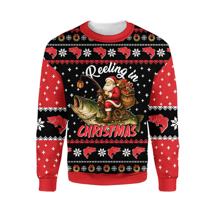 Detail view of the Santa riding a bass design on the sweater