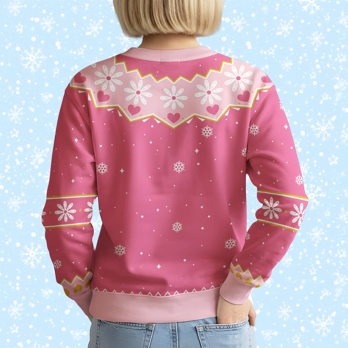 Detailed back view of the pink holiday ugly sweater