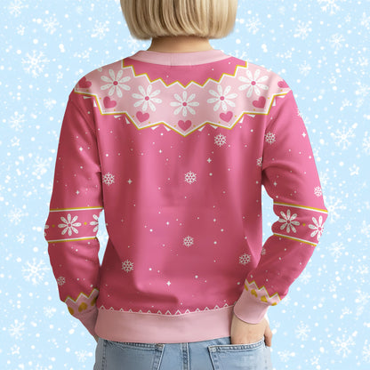 Detailed back view of the pink holiday ugly sweater