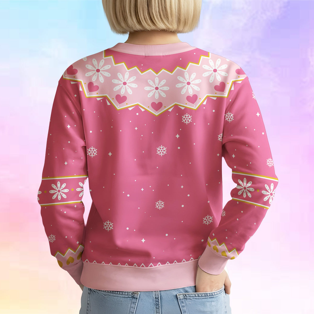 Close up of the back pattern on the pink flamingos ugly sweater