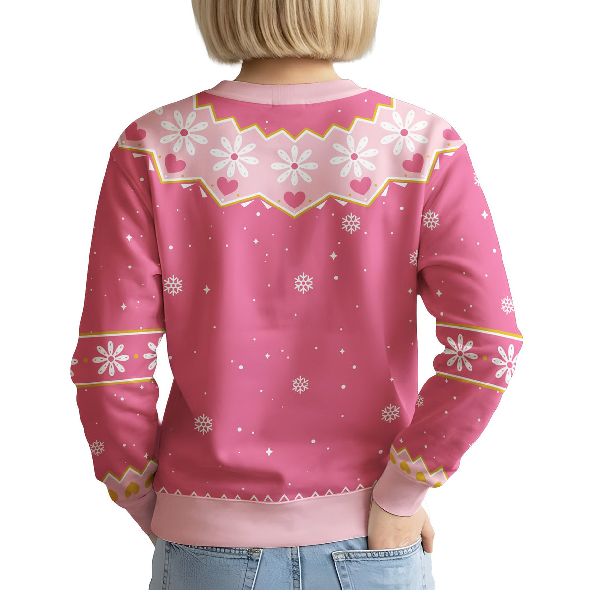 Back view of the pink flamingos ugly sweater