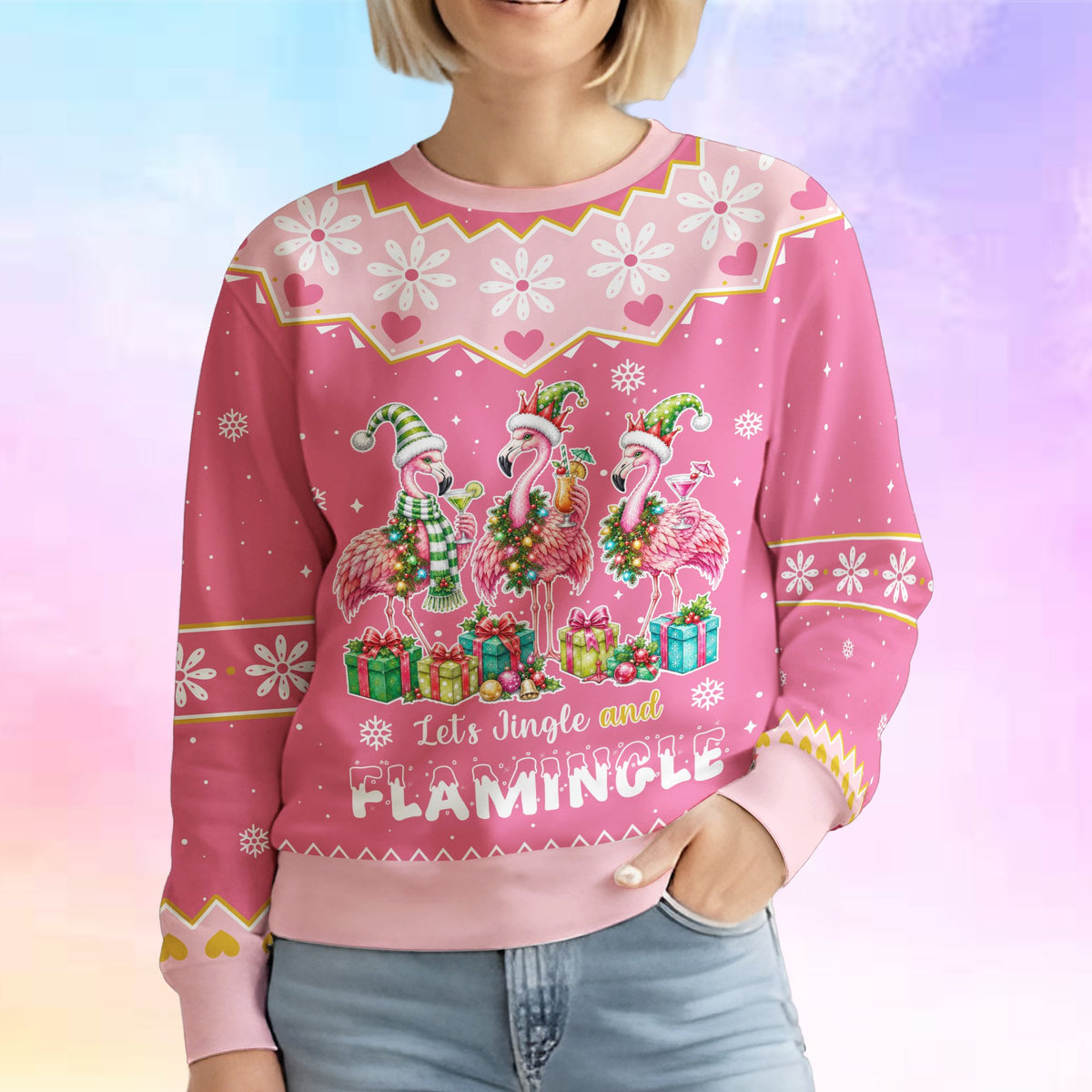 Lower hem detail of the pink flamingos ugly sweater