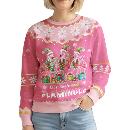 Pink flamingos ugly sweater featuring three flamingos in Santa hats, front view copy