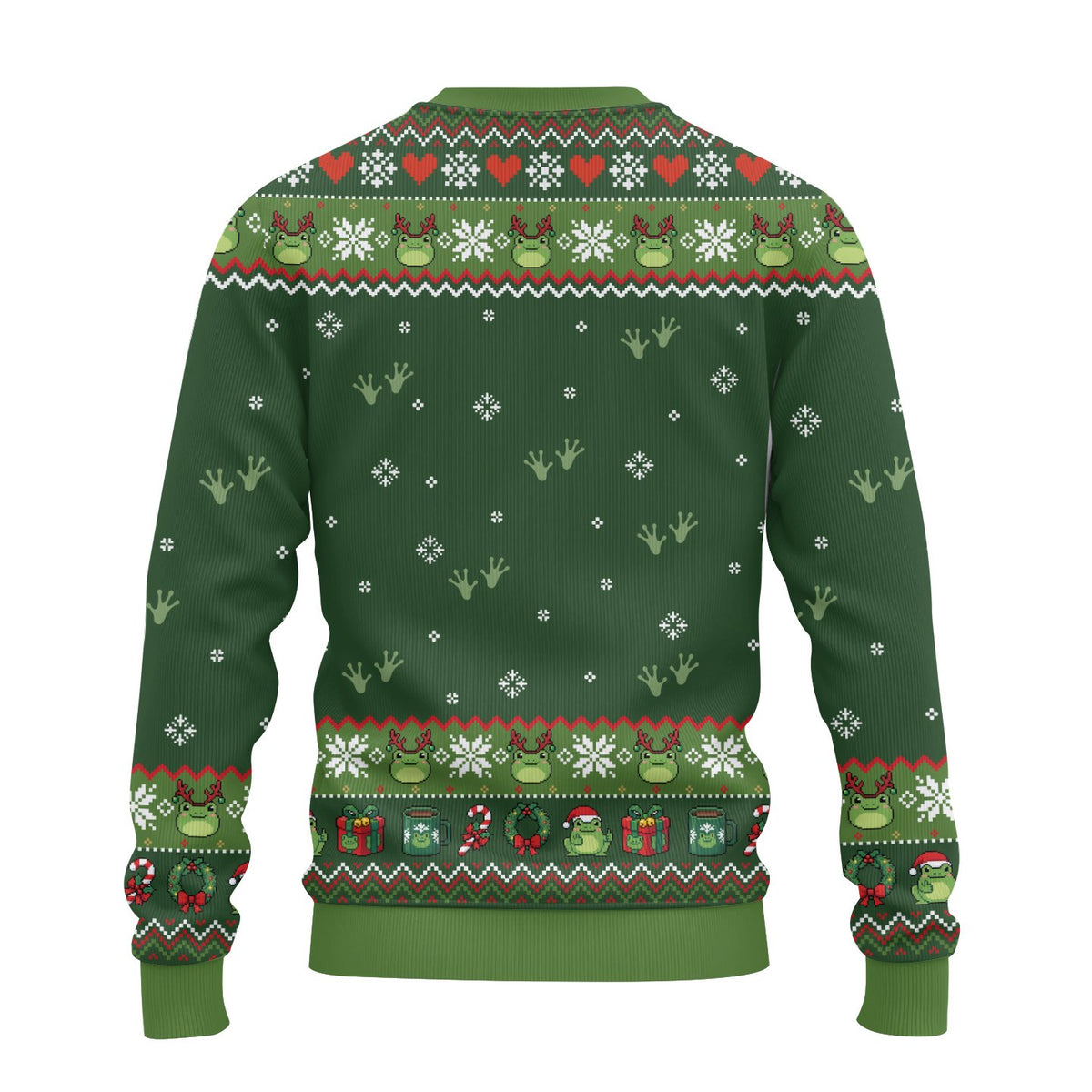 Detailed front view displaying snowflakes, hearts, and presents on the sweater