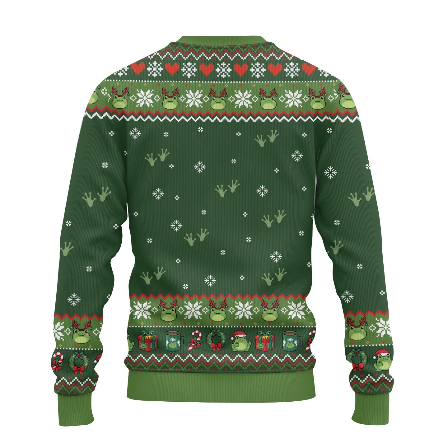 Detailed front view displaying snowflakes, hearts, and presents on the sweater