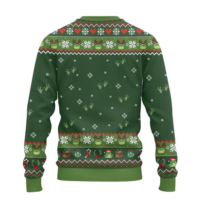 Detailed front view displaying snowflakes, hearts, and presents on the sweater
