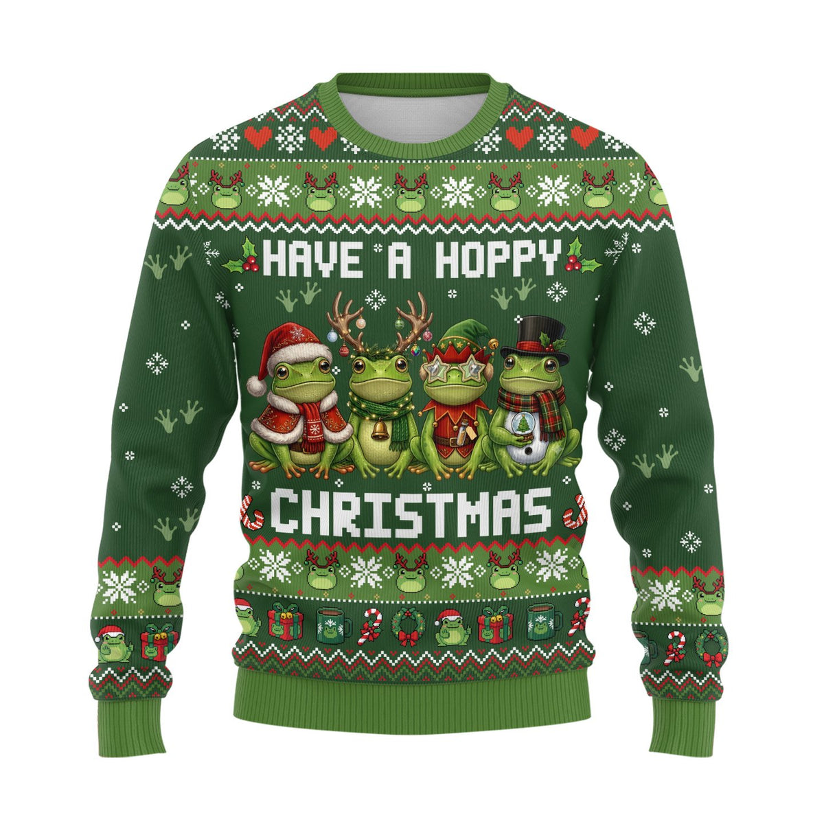 Main front view of the green holiday ugly sweater featuring festive frogs