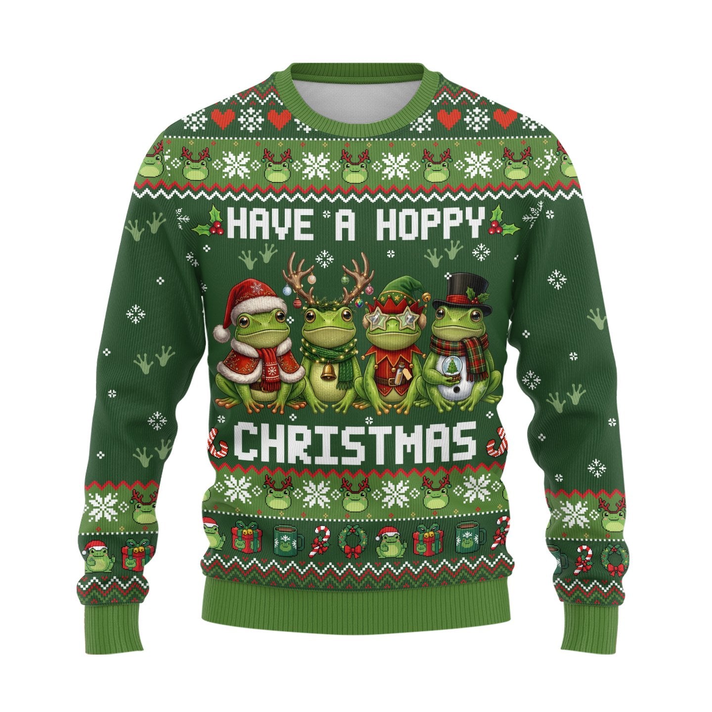 Front view of the green frogs ugly sweater with holiday patterns