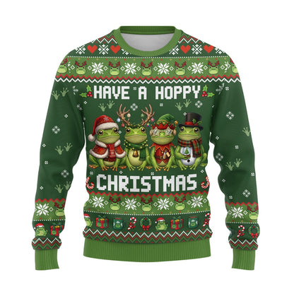 Front view of the green frogs ugly sweater with holiday patterns